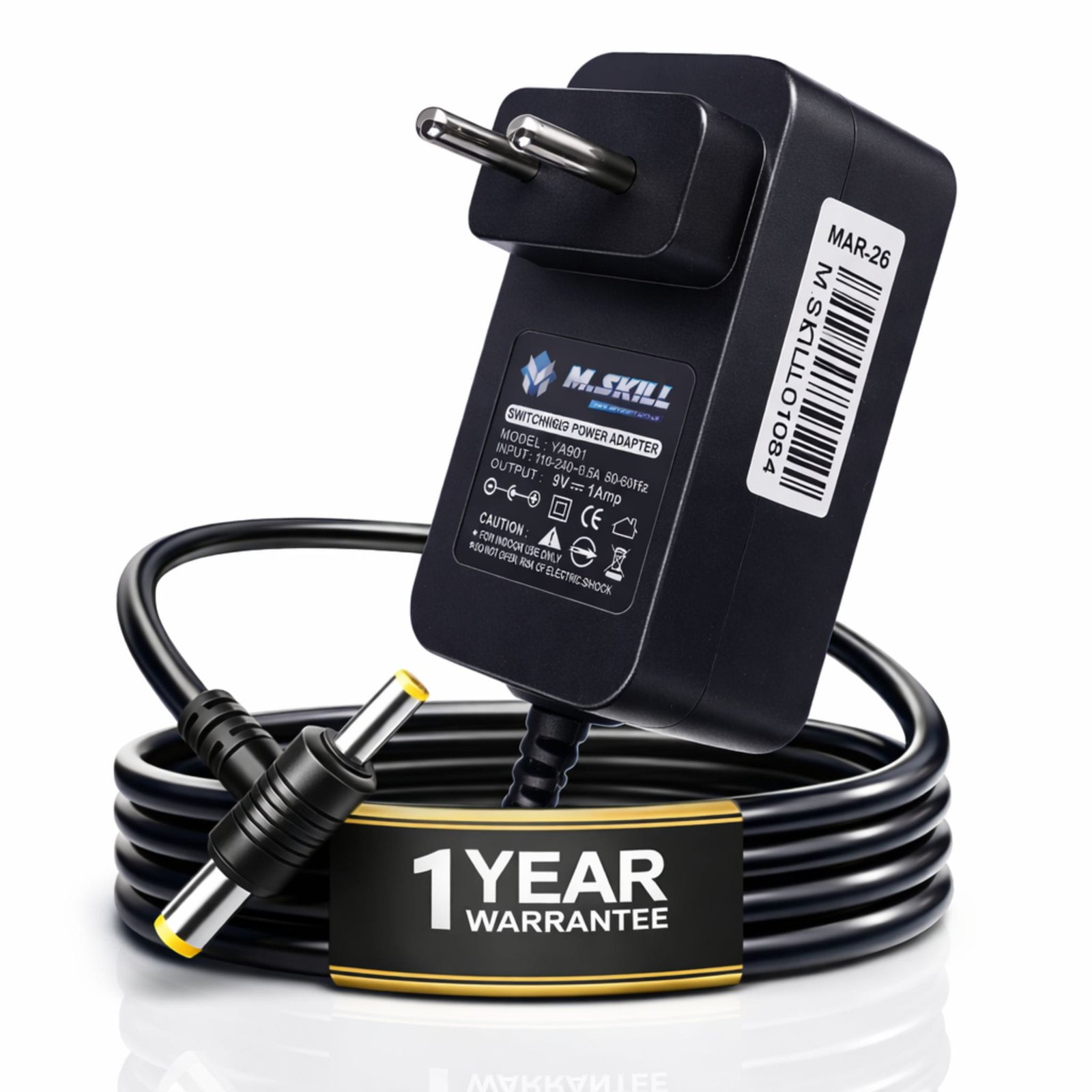Power Adapter M.Skill 9V 1AMP DC + SONY PIN | Short Circuit & Overload Protection, SMPS Adapter For Cameras, Printers, Electronics & IT Gagets, Black