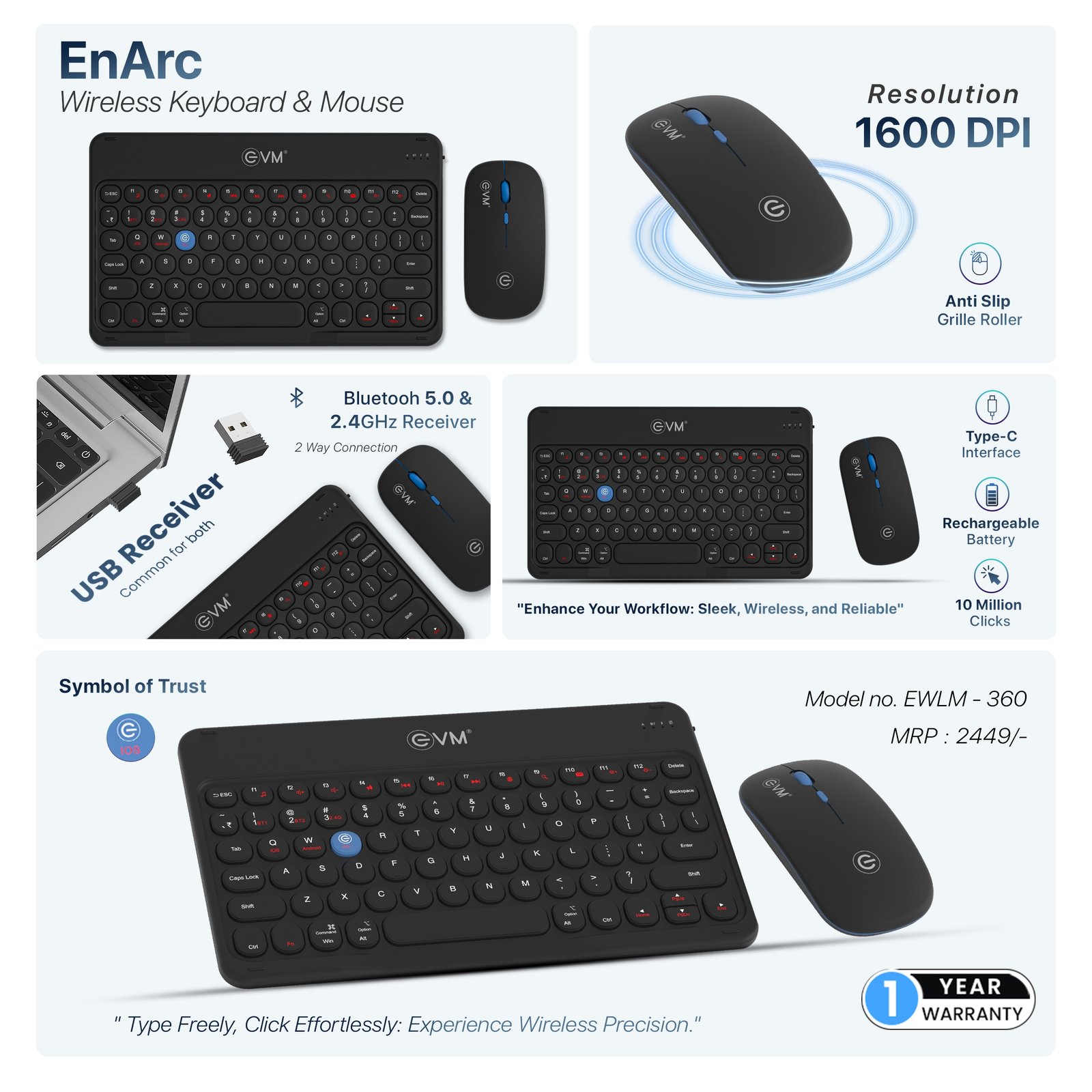 Keyboard & Mouse Combo EVM Rechargeable Wireless ENARC WLKM & EWLM-360 | 9.7 inch Bluetooth 5.0 +2.4GHz, 150mAh rechargeable Battery With Type-C Interface, 1600 DPI Resolution, Slim & Portable, Silent Click, Black