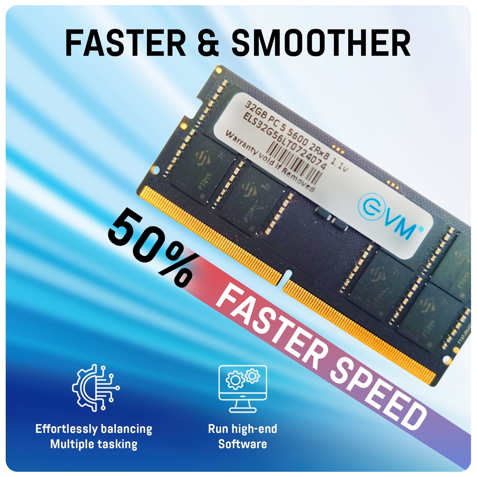 RAM EVM 32GB DDR5 5600MHz SODIMM EVMT32G5600S86P | Laptop Ram, Boost Speed & Performance with Low Latency and Durable Design