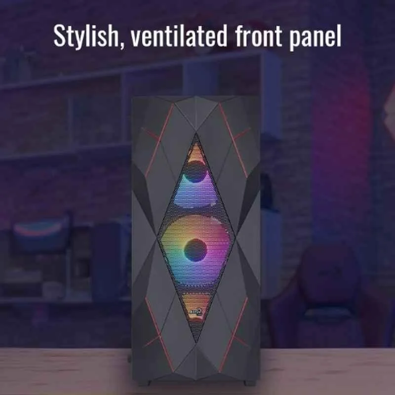 Cabinet Aerocool ACCM-ES07043.11 Volcan Mid Tower Gaming Case | FRGB Fan x 4, USB 3.0 x 1, Dynamic, Faceted Design, Crystal Clear Tempered Glass Side Panel, Black