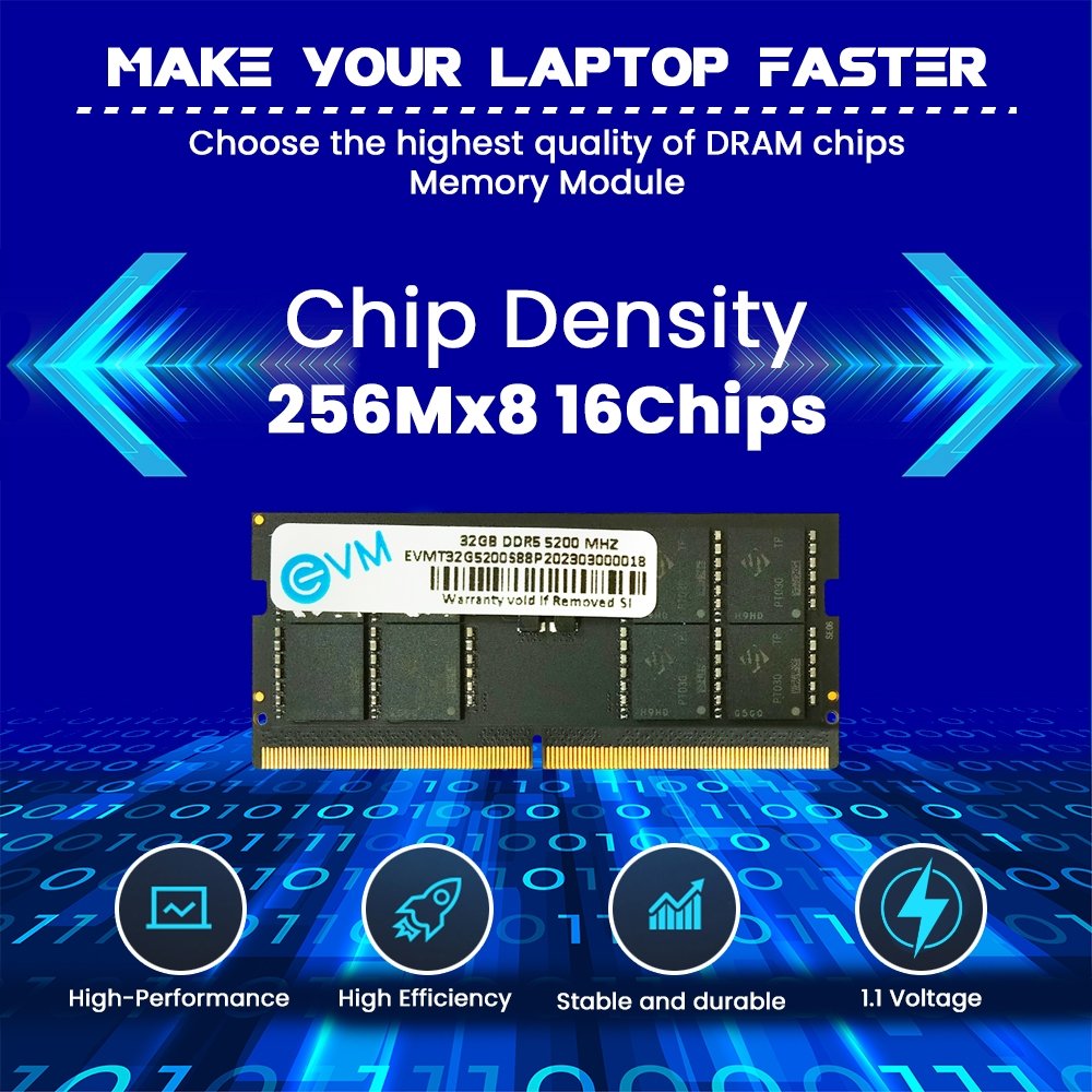 RAM EVM 32GB DDR5 5200MHz SODIMM EVMT32G5200S86P | Laptop Ram, Boost Speed & Performance with Low Latency and Durable Design