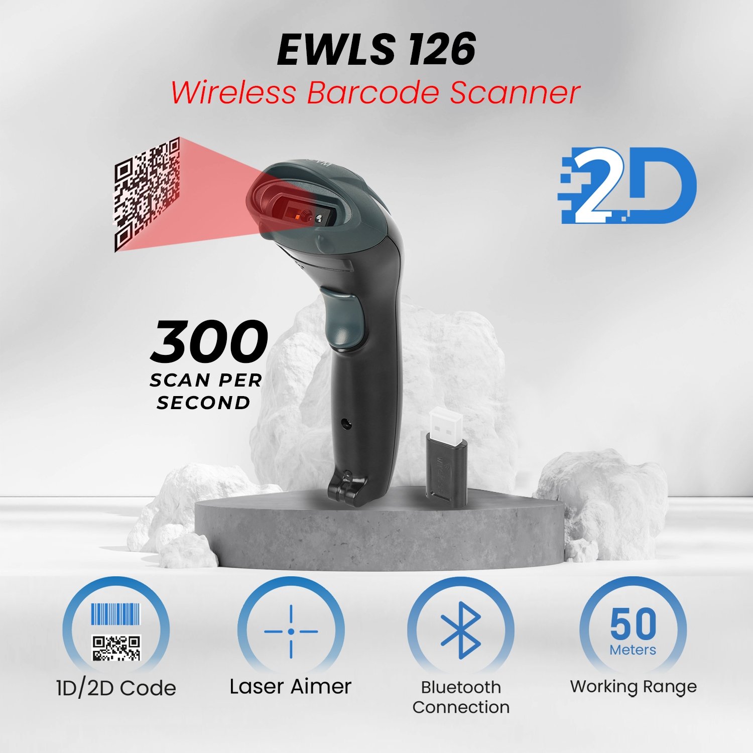 Scanner Barcode EVM 3in1 Wired / Wireless / Bluetooth 2D Code EWLS-126 | 300 scan per second, Type-C Charging Port, Bluetooth Connection, Wireless 2.4GHz, Laser aim, Upto 50mtrs Working Range Open Space