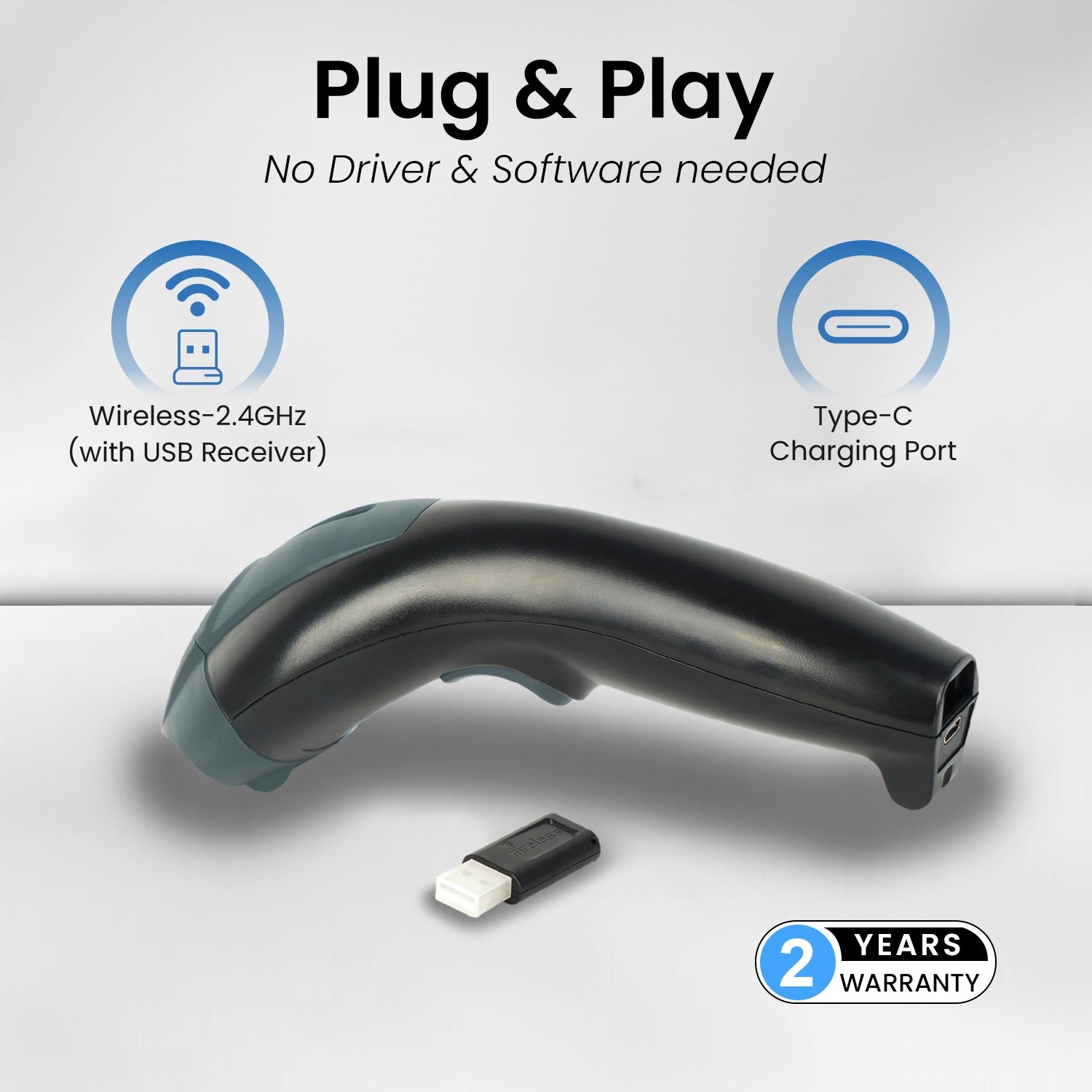 Scanner Barcode EVM 3in1 Wired / Wireless / Bluetooth 2D Code EWLS-126 | 300 scan per second, Type-C Charging Port, Bluetooth Connection, Wireless 2.4GHz, Laser aim, Upto 50mtrs Working Range Open Space