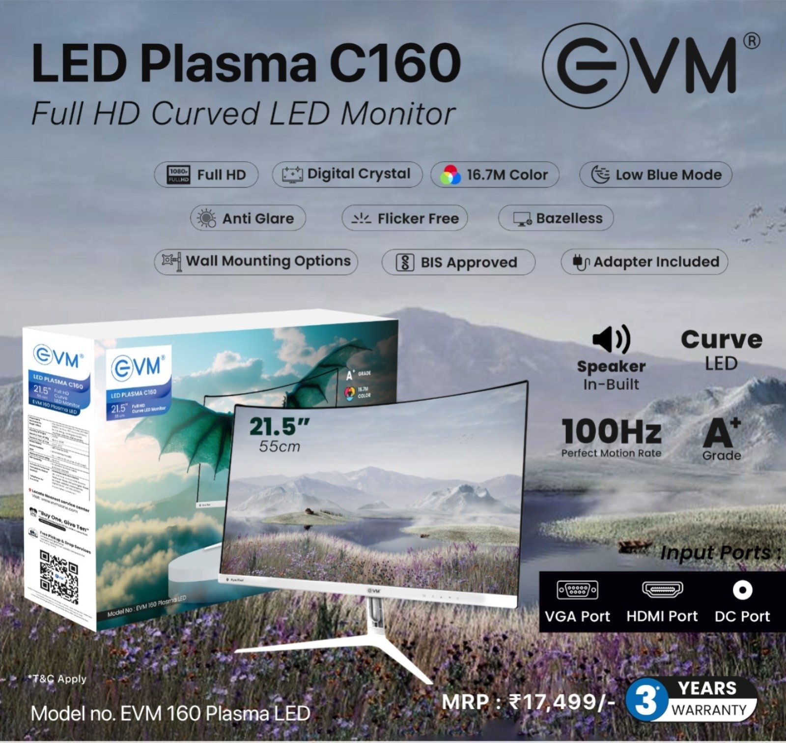 Monitor EVM C160 PLASMA LED | 21.5 Inch Curve LED Frameless FHD Monitor With Speaker, Digital Crystal Clear, VGA, HDMI, DC Port, 100Hz Perfect Motion Rate, A+ Grade, 16.7 M Color, Low Blue Light, Flicker Free, AntiGlare, Wall Mountable, White