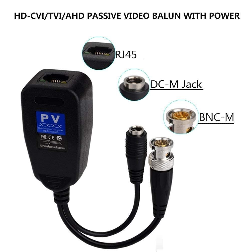 Video Balun PV, 8mp 4K HD Video Balun Passive / Power / DATA over RJ45, Wire Connector UTP / HD-CVI / ADTVI / AHD / CVBS (1 Pair) , BNC to RJ45 CAT5 Video +Data +Power Balun Connector for CCTV PTZ Camera