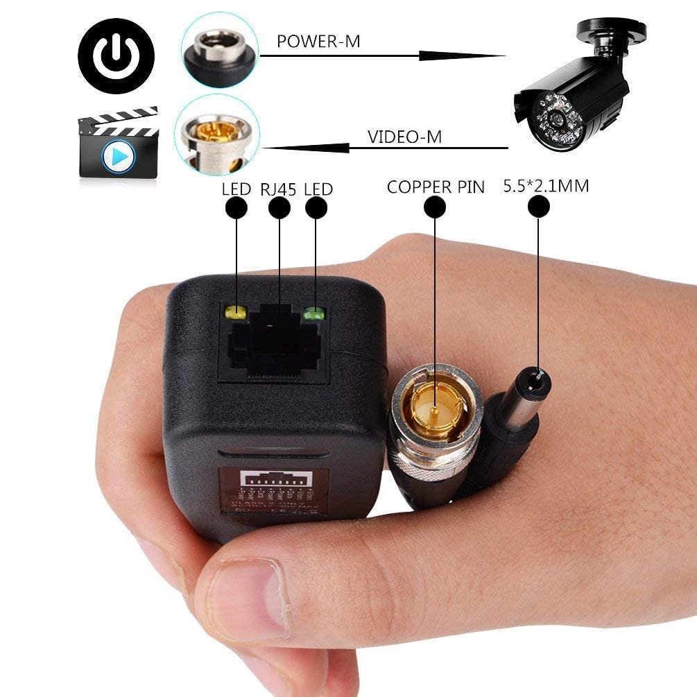 Video Balun PV, 8mp 4K HD Video Balun Passive / Power / DATA over RJ45, Wire Connector UTP / HD-CVI / ADTVI / AHD / CVBS (1 Pair) , BNC to RJ45 CAT5 Video +Data +Power Balun Connector for CCTV PTZ Camera