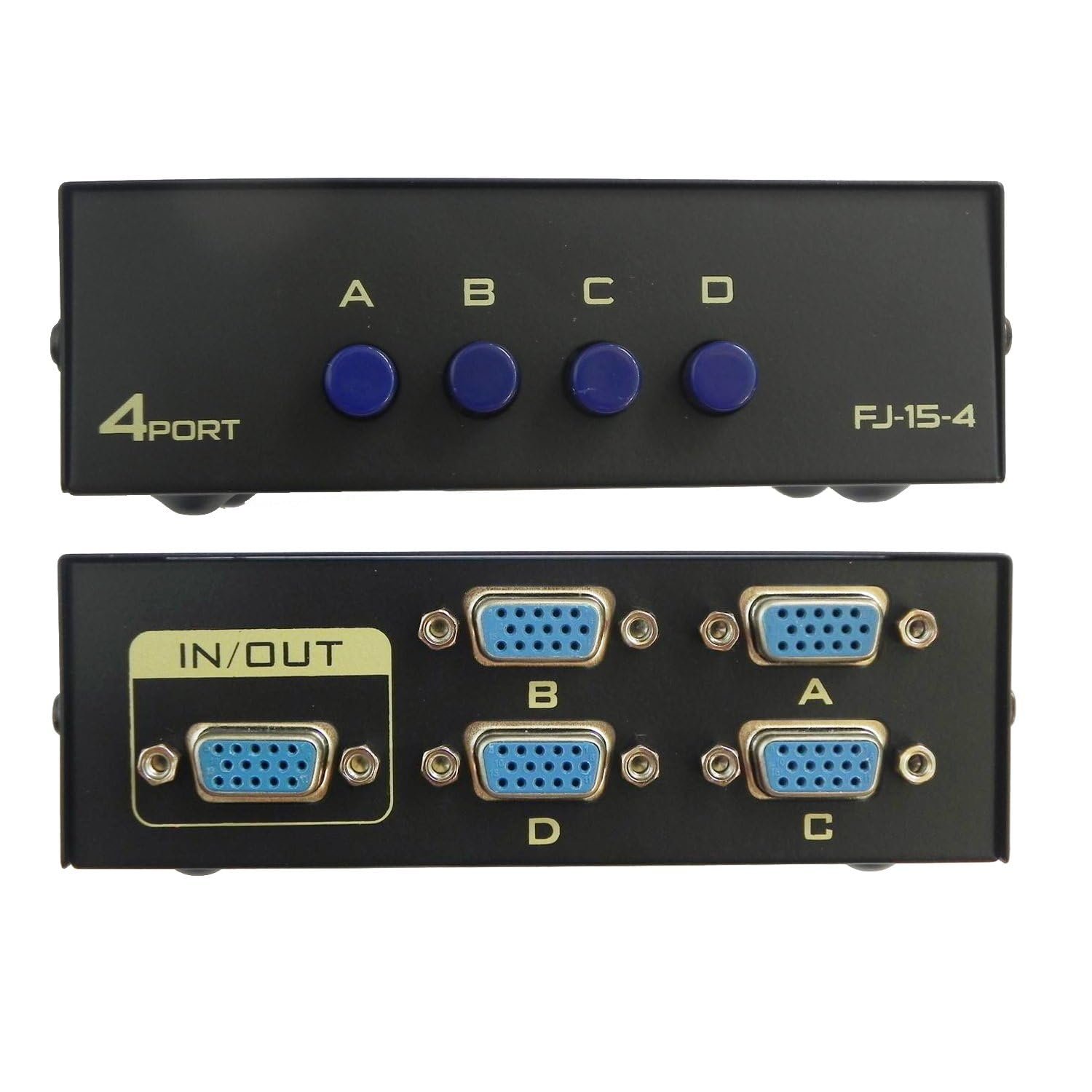 Switch 4 Port VGA Manual Selector Switch/Splitter Box for LCD PC, Push Button Manual VGA Switch Selector Splitter for Projector Monitor (1 VGA in/4 Out)