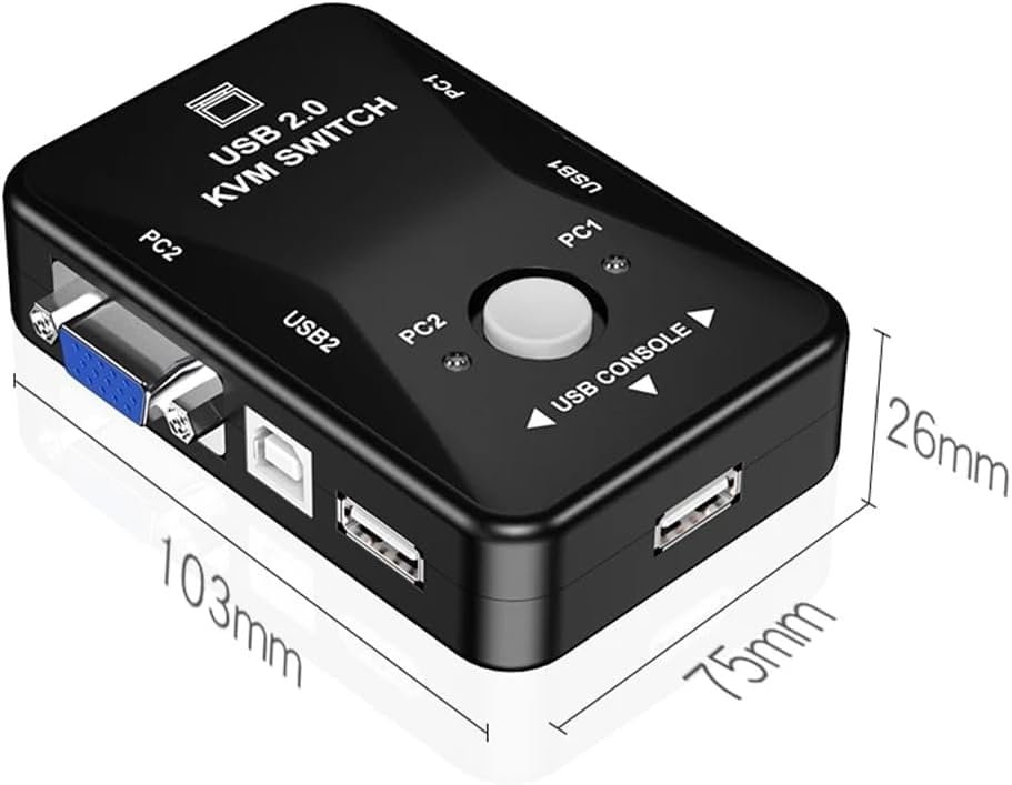 KVM VGA Switch Box 2 Port USB 2.0 Plus Keyboard Video Mouse Switch Box, Control 2 PC from 1 USB Keyboard and Mouse