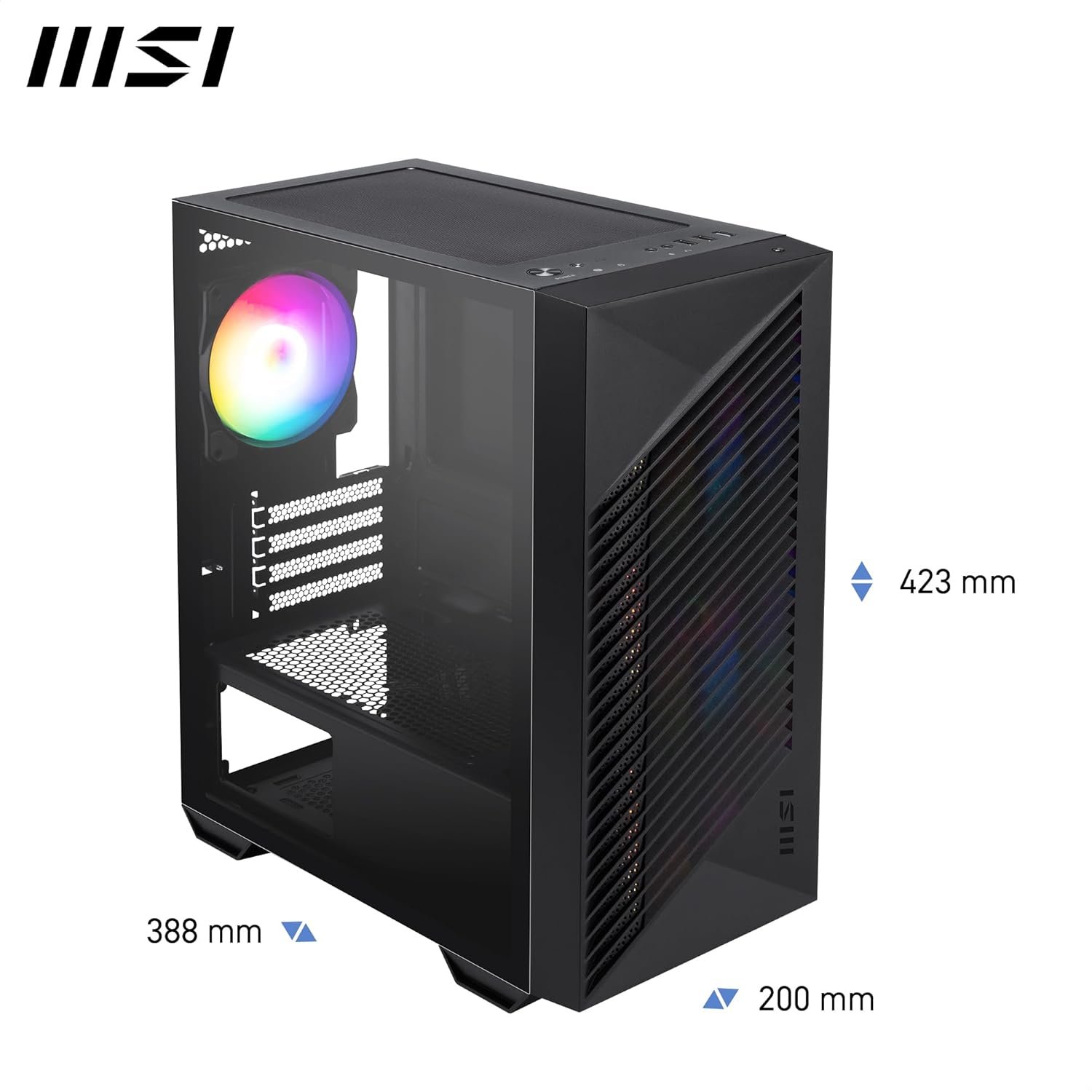 Cabinet MSI Chassis PRO FORGE M050A | M-ATX, Mini ITX Mini Tower Cabinet, Auto RGB Fan, Pre-Installed Fan Included, Dust Filters, Tempered Glass on Both Sides, Black