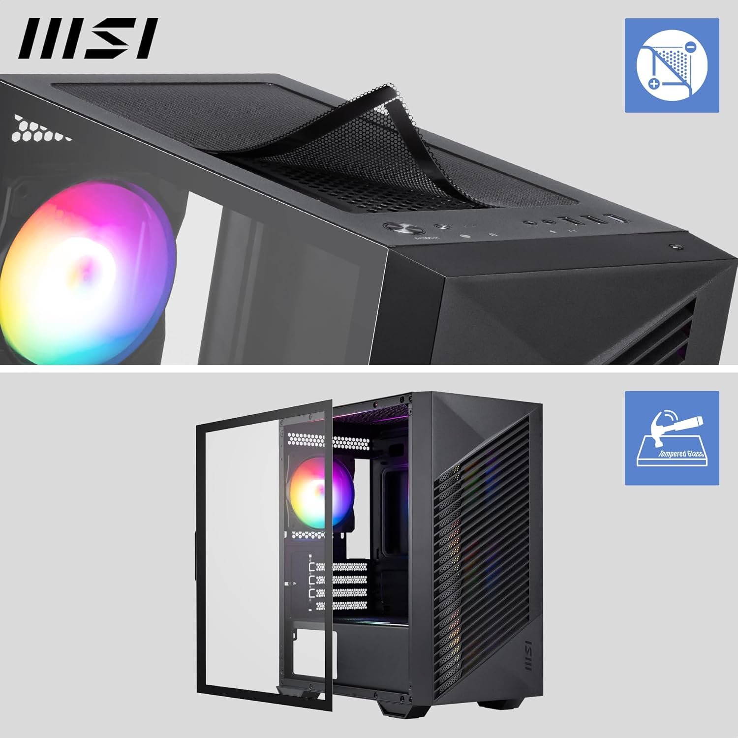 Cabinet MSI Chassis PRO FORGE M050A | M-ATX, Mini ITX Mini Tower Cabinet, Auto RGB Fan, Pre-Installed Fan Included, Dust Filters, Tempered Glass on Both Sides, Black
