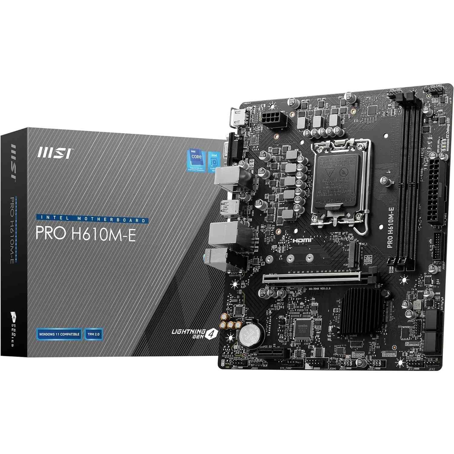 Motherboard MSI PRO H610M-E DDR5 | Micro ATX, Support Intel® Core™ 14th/ 13th/ 12th Gen Processors, Intel® Pentium® Gold and Celeron® Processors for LGA 1700 Socket, Supports DDR5 Memory, Up to 5600(MAX) MHz, PCIe 4.0 x16 Slot, M.2 Gen3 Slot