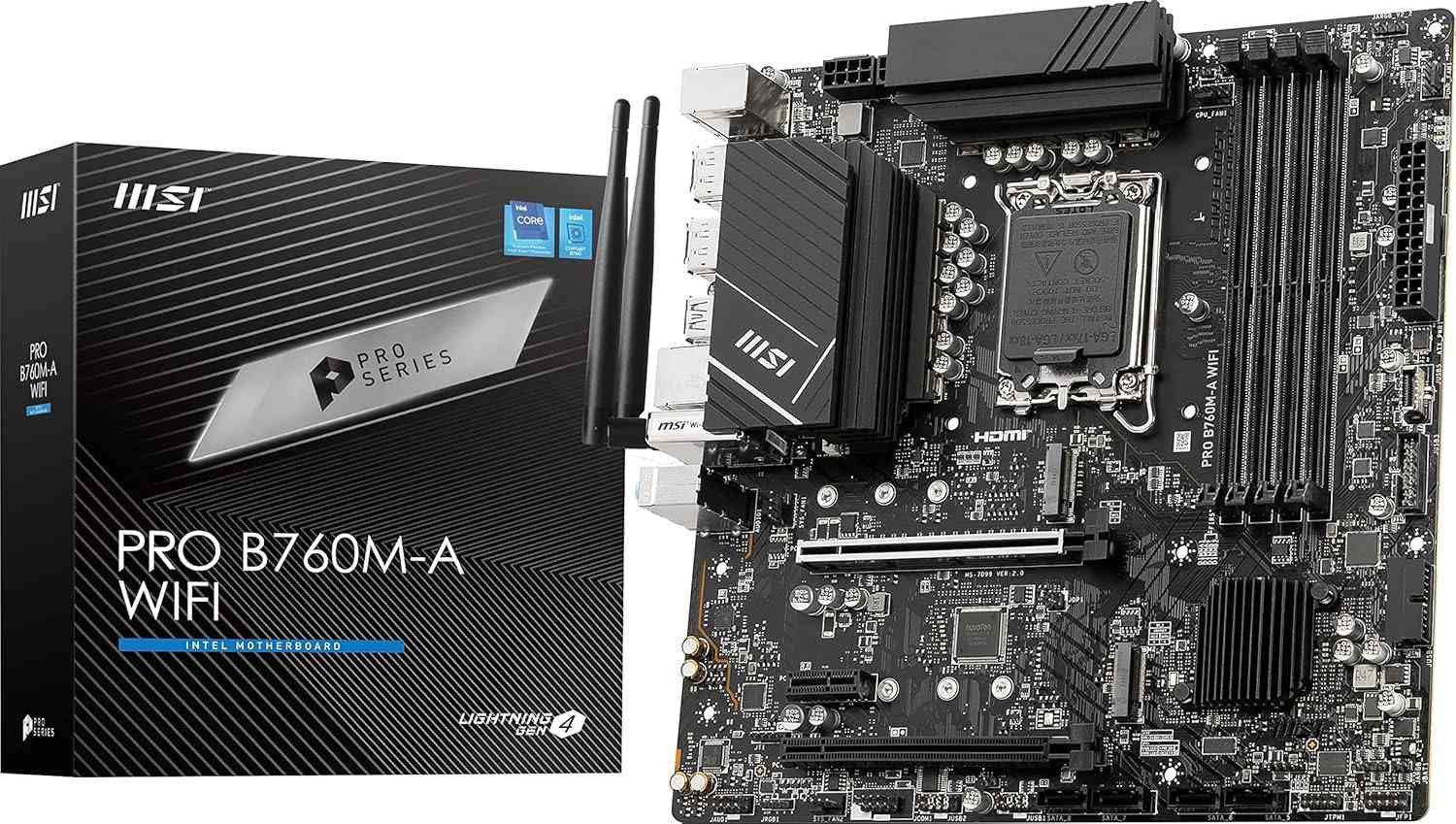 Motherboard MSI PRO B760M-A WIFI DDR5 ProSeries | Supports 14th/13th/12th Gen Intel Processors, LGA 1700 Socket, Supports DDR5 Memory, Dual Channel DDR5 6800+MHz (OC), PCIe 4.0, M.2, 2.5Gbps LAN, USB 3.2 Gen2, Wi-Fi 6E, mATX