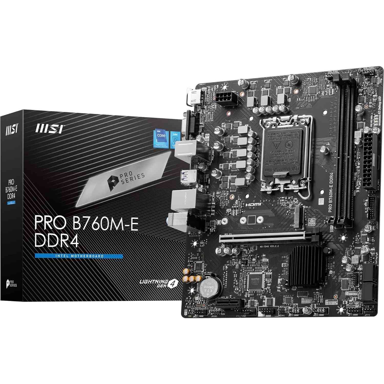 Motherboard MSI PRO B760M-E DDR4 | Supports Intel 14th, 13th & 12th Gen Core Processors, LGA 1700 Socket, DDR4 Memory Boost 4800+MHz/OC, PCIe 4.0 x16 Slot, M.2 Gen4 Slot