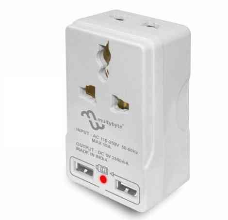 Adaptor Multybyte MB-UM1 | Multipurpose 10 AMP 3 Pin Multi Plug Travel Adaptor with 2 USB Port, Suitable for Class I & II Electrical Appliances, White