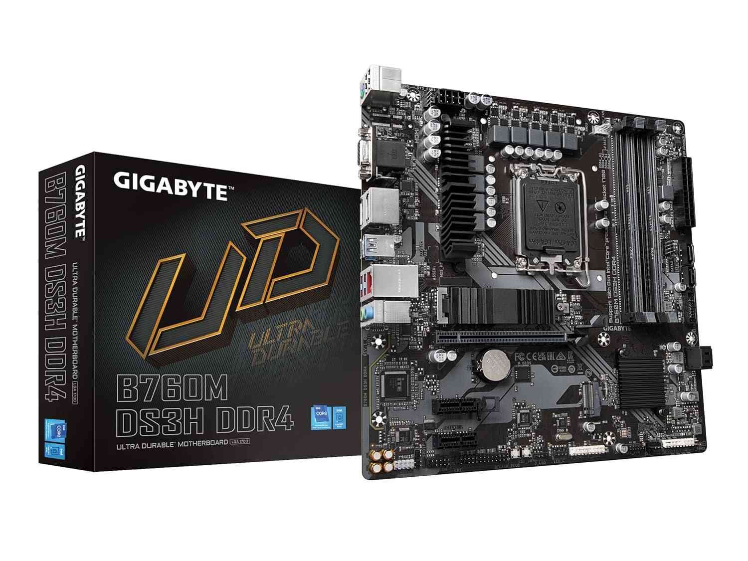 Motherboard Gigabyte B760M DS3H | Supports Intel® Core™ 14th/ 13th /12th Processors, Support Dual Channel DDR4 4*DIMMs XMP Memory Module, Intel LGA 1700 Socket, 2*PCIe 4.0 x4 M.2 Connectors, Black