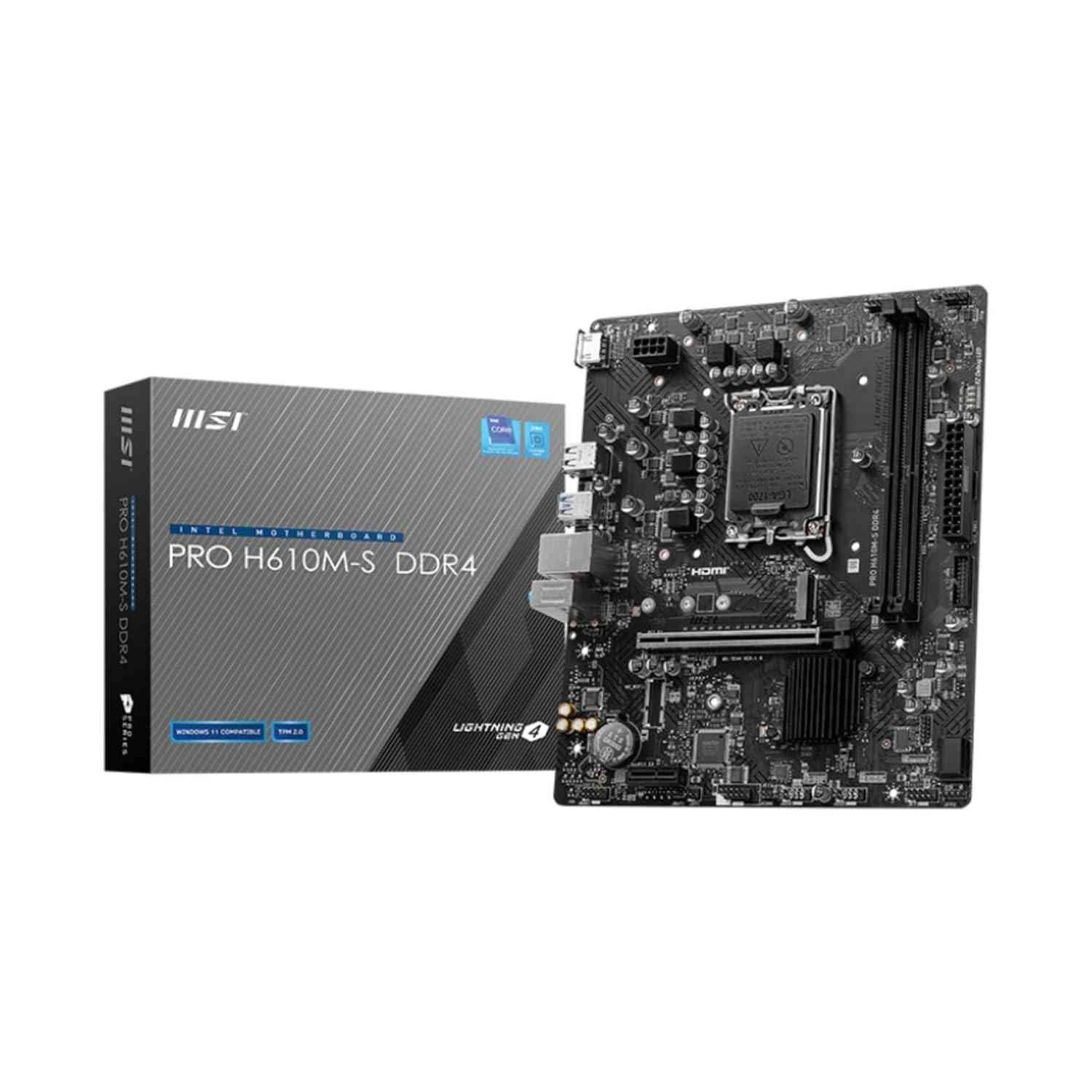 Motherboard MSI Pro H610M-S DDR4 | Support Intel® Core™14th/ 13th/ 12th Gen Processors, LGA1700 Socket, micro-ATX motherboard, with Lightning Gen4, 2x DDR4 Memory Slots, 1x M.2 and 2x SATA 6G Slot, Black