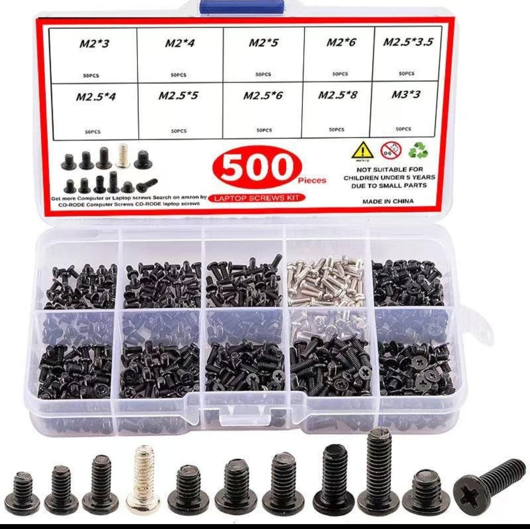 Screw Kit Set CO-RODE For Laptop, Notebook, Computer, 500 Pieces, Micro Laptop Computer Metric M2, M2.5, M3 Screws, PC Cross Flat Head Screws, Mini Replace Screws For HP, Dell, Lenovo, Acer, Black