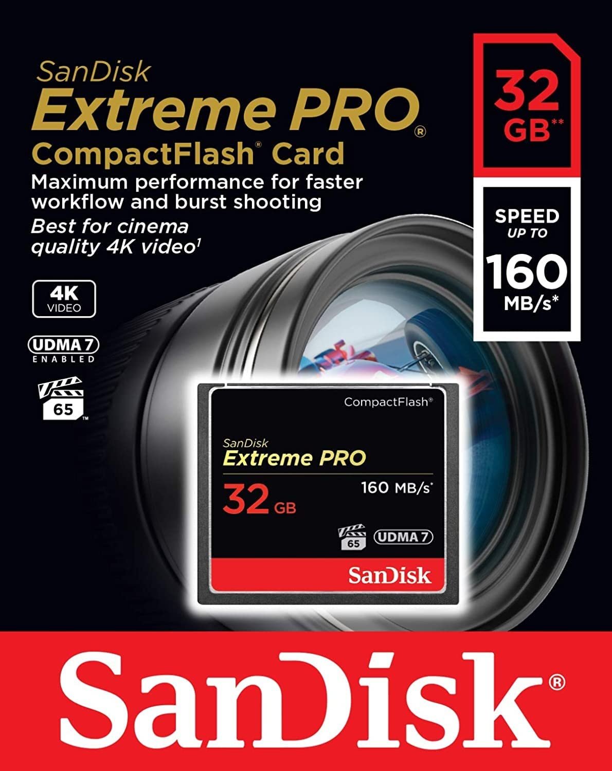 Card SanDisk 32GB SDCFXPS-032G-X46 Extreme PRO CompactFlash Memory Card UDMA 7 Speed Up To 160MB/s , Compatible for Tablet, Camera, Smartphone, Black