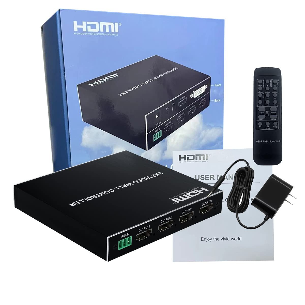 HDMI Video Wall Controller 2 X 2 HDMI & DVI Support 4K Input TV Wall Controller, 1080P Output TV Wall Processor, IR Remote & RS232 Control, 180 Degree Rotate, 1x2, 1x3, 1x4, 2x2, 2x1, 3x1x4x1 Video Wall, With Adapter, Black