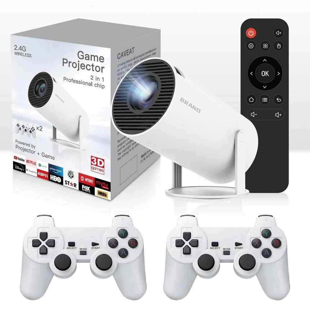 Game Projector 2 in 1 Professional Chip | Portable Projector With Wireless Controller Gamepad, 3D Game, 2.4G/ 5G WiFi, Bluetooth 5.0, Supports 4K 130 Inch Screen, 180° Rotation, Hi-Fi Speaker, Rocker Control, Android System, White