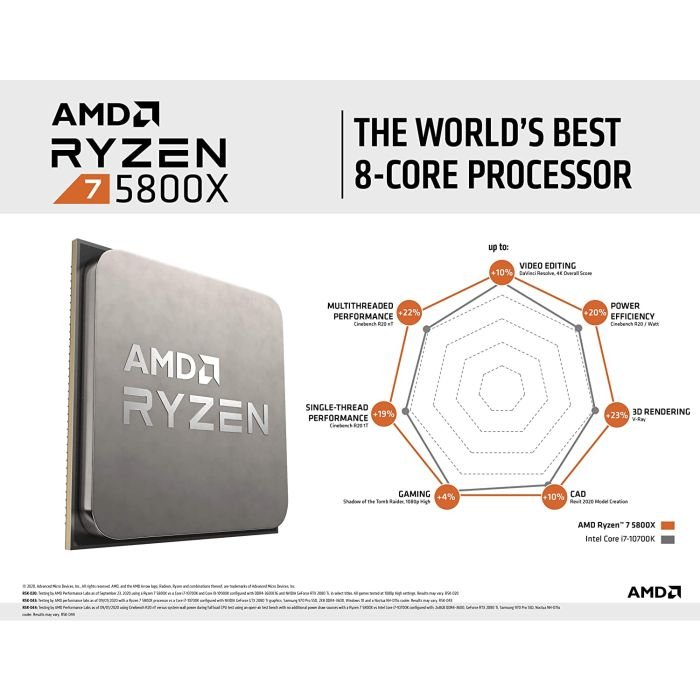 Cpu AMD 5000 Series Ryzen 7 5800X Desktop Processor | 8 cores, 16 Threads, 36 MB Cache 3.8 GHz Upto 4.7 GHz AM4 Socket 5xx Series Chipset | Without Fan, Buy separately | Separate Graphic Card Required, Separate Heat Sink Fan Required