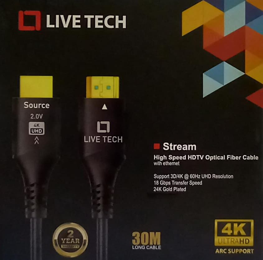 Cable Live Tech Stream HDMI To HDMI With Ethernet 4K UHD 2.0V 30mtr | High Speed HDMI Optical Fiber Cable With Ethernet, Supports 3D, 4K, 60Hz, 18Gbps Transfer Speed, 24K Gold Plated, Black