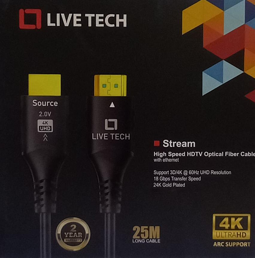 Cable Live Tech Stream HDMI To HDMI With Ethernet 4K UHD 2.0V 25mtr | High Speed HDMI Optical Fiber Cable With Ethernet, Supports 3D, 4K, 60Hz, 18Gbps Transfer Speed, 24K Gold Plated, Black