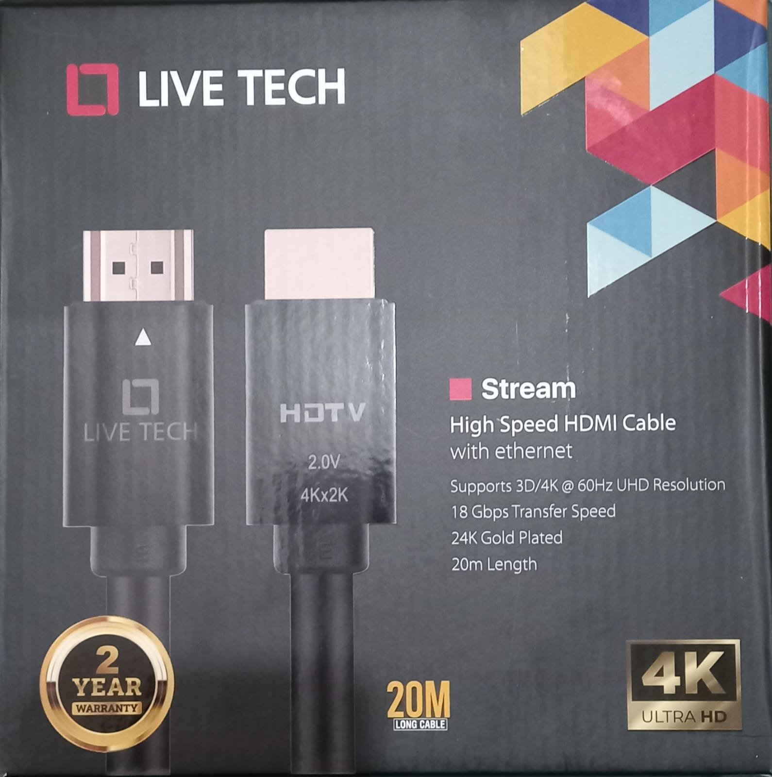 Cable Live Tech Stream HDMI To HDMI With Ethernet 4K 2.0V 20mtr | High Speed HDMI Cable with Ethernet, Supports 3D, 4K, PVC, Black