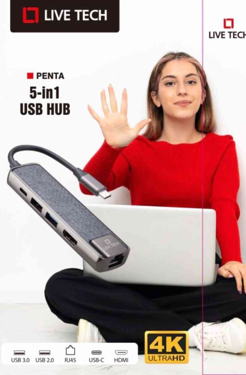 Hub Live Tech Penta USB C, 5 in 1 Type C Multiport Adapter with Ethernet / LAN Port, 4K@30Hz HDMI Port, 2.0 & 3.0 USB Ports and Type-C Port for MacBook Pro, Chromebook, Pad, and USB C Devices