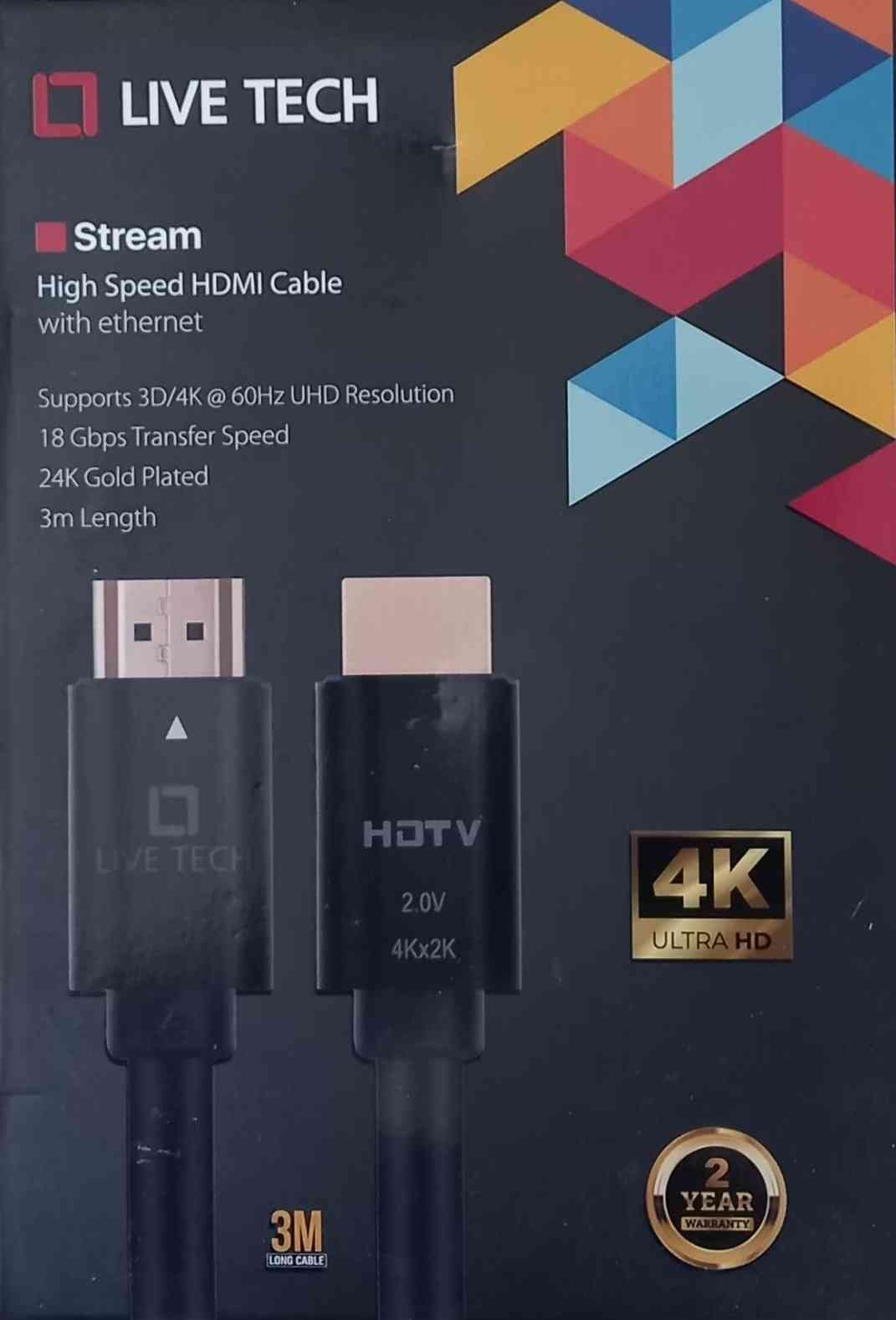 Cable Live Tech Stream HDMI to HDMI with Ethernet 4K 2.0V 3mtr | High Speed HDMI Cable with Ethernet - Supports 3D, 4K, 3 Meter (Black, PVC)