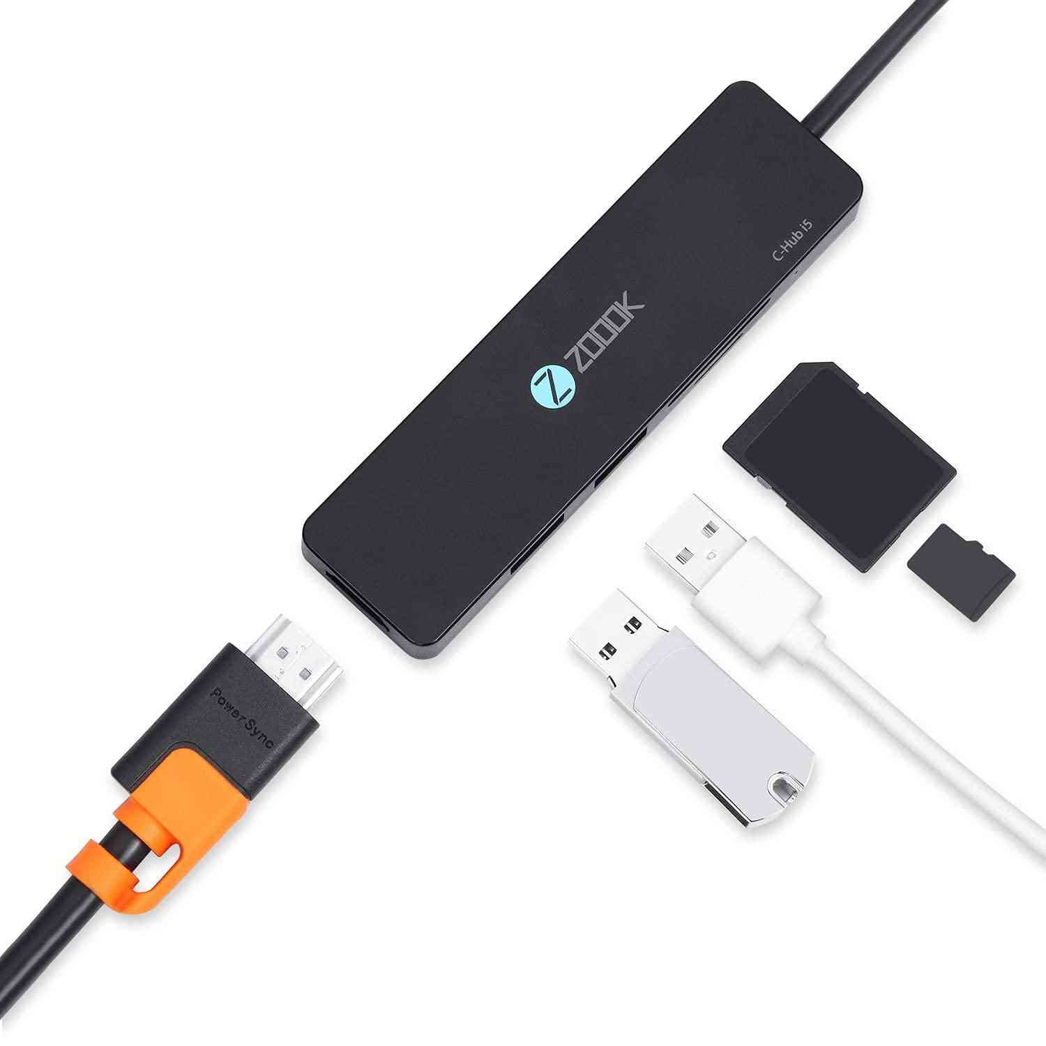 Hub Zoook USB C to HDMI Adapter ZK-C-HUBI5 | 5 in 1 USB Type C Hub for MacBook, USB C Dock with USB-C to 4K HDMI, 2 USB 3.0 Ports, SD & Micro SD Card Reader for MacBook Pro / Air / Ipad /