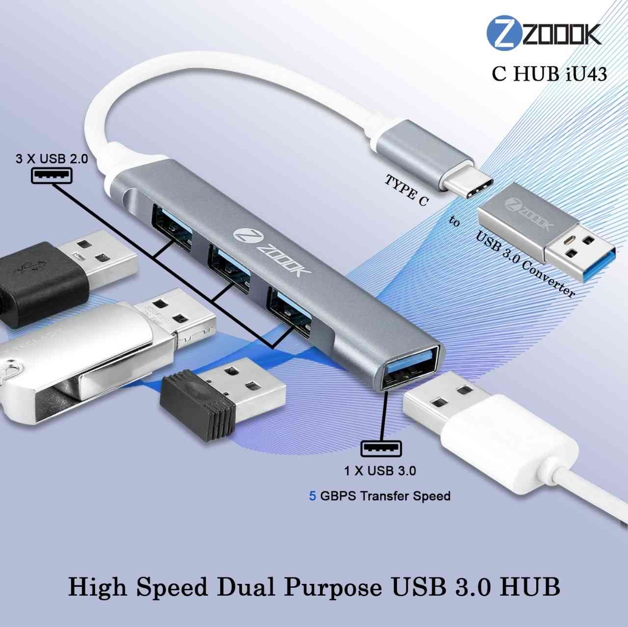 Hub Zoook USB 3.0 ZK-C-HUBIU43 | Type-c to usb ultra-highspeed hub 4ports / 1 x usb 3.0 port, 3 x usb 2.0 ports, Free Type c female to usb male convertor for desktop / laptop / mobile / gaming consoles / tv / macbook / ipad / Samsung phones