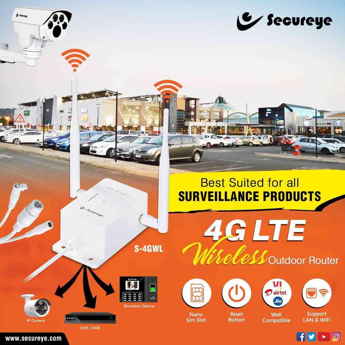 Net Secureye Waterproof Wireless 4G LTE + LAN & Volte Router Waterproof, Outdoor Router, S-4GWL, Compatible with All SIM, Supports All DVR, NVR, Biometrics