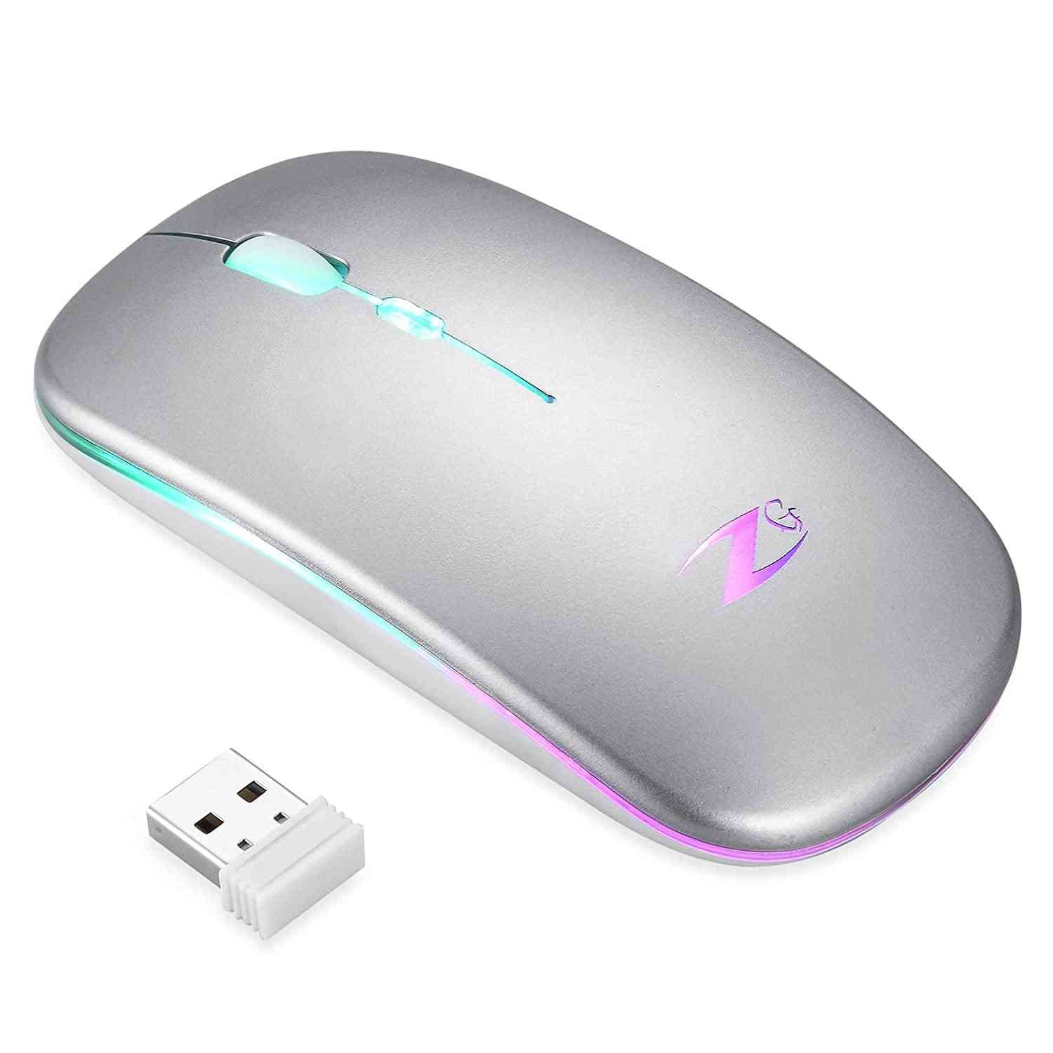 Mouse Zoook Blade Wireless ZK-BLADE-S | Rechargeable 7 Colour mice/ RGB Breathing Lights/ 3 DPI Levels/ Auto Shut Down/ Silent Click Technology/ 600 Mah Battery/ Light Weight/ Plug and Play (Silver)