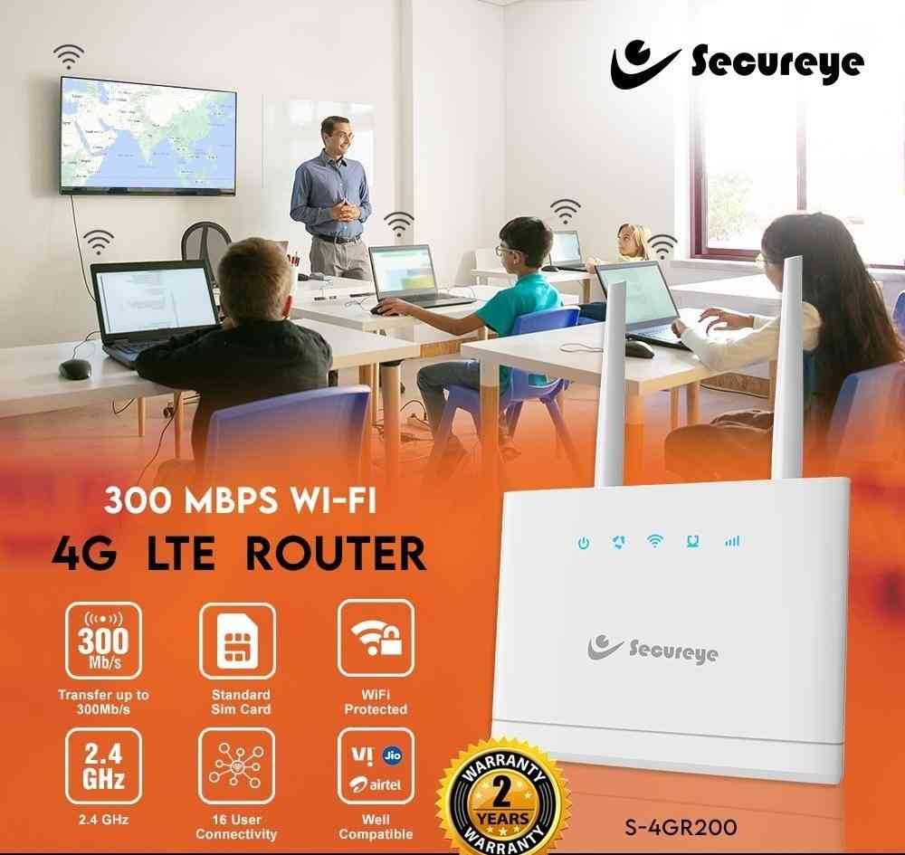 Net Secureye 4G LTE Router 300 Mbps Wifi SC-S-4GR200, 2.4G Wifi 4G LTE + LAN & 2FF Sim Card Router, Compatible with All SIM, Supports All DVR, NVR, Biometrics