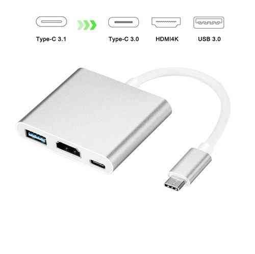 Convertor Haze Type C to HDTV HDMI + USB 3.0 + Type C PD Cable Adapter for All USB C Devices to HDTV / Projector / Thunderbolt, Colour:- Silver