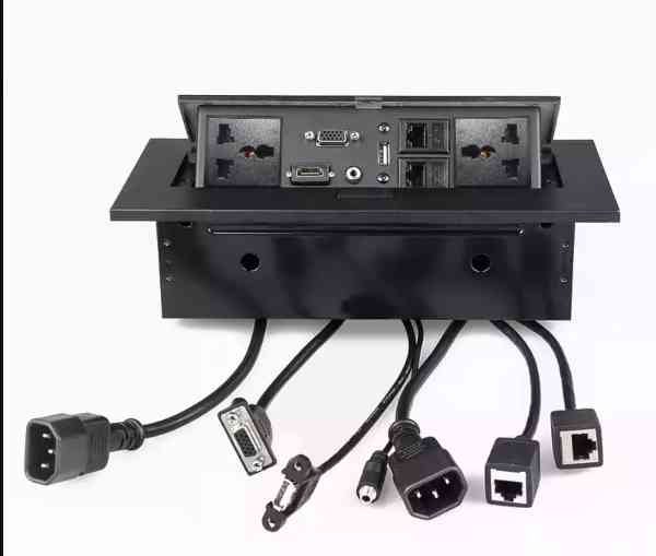 Desktop Information Interface Device, Pop Up Box / Cable Cuppy Ranz For Telecommunication | 3 pin Socket, VGA, HDMI, Audio 3.5mm jack, LAN RJ45, Usb & 3 Socket Power Ports (Colour: Black)