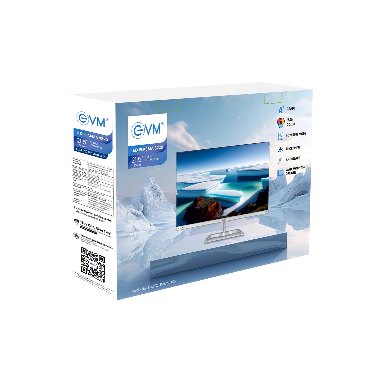 Monitor EVM 220 PLASMA LED | 21.5 Inch Flat LED Frameless FHD Monitor, 100Hz Perfect Motion Rate, Digital Crystal, 16.7M Display Colors, Low Blue Mode, Anti Glare, Flicker Free, Bazelless, Wall Mountable, White
