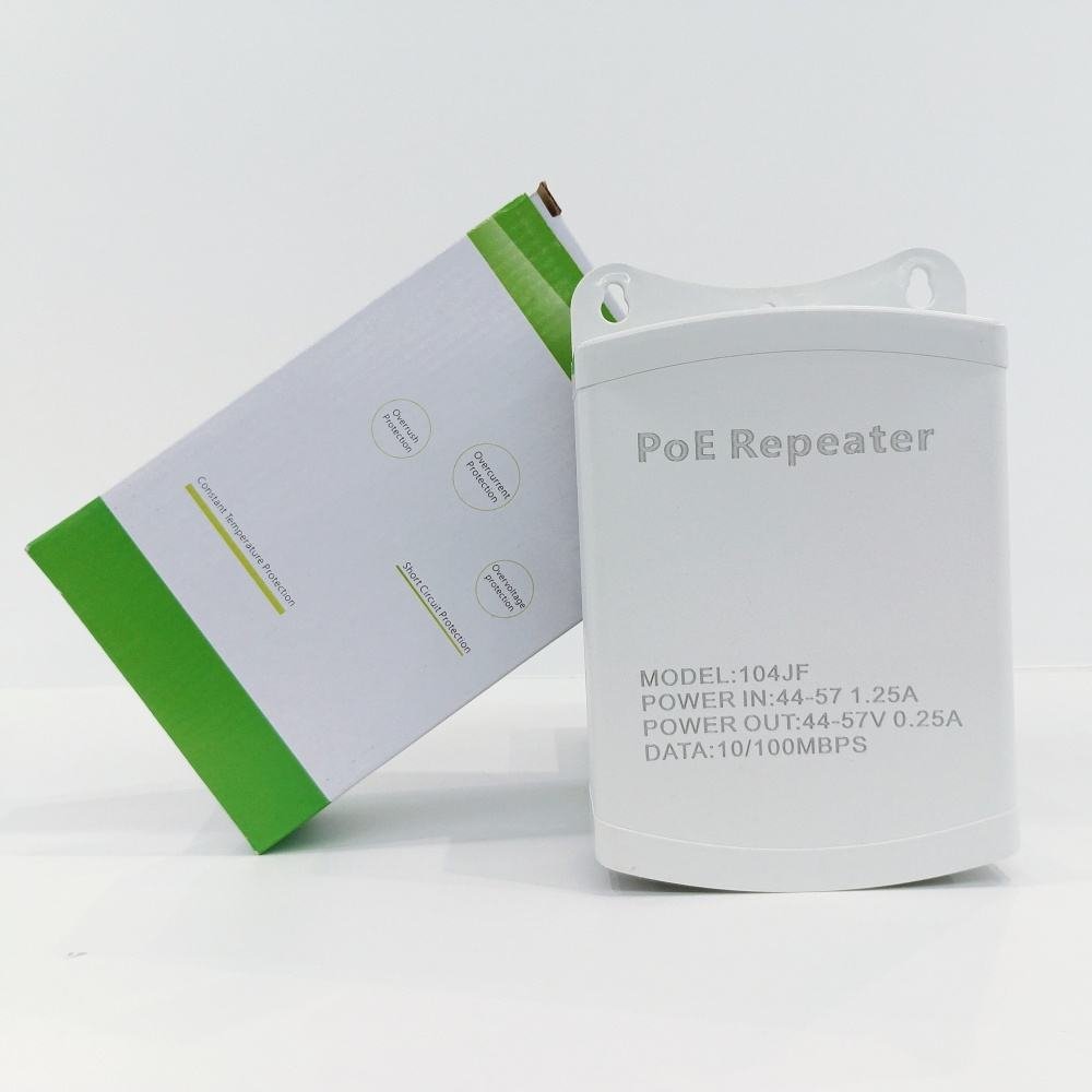 POE Repeater 104JF | 4 Port High Quality, 10/100 Mbps, Rainproof, Lightning Protection, 100x 50x 160mm, 1 In 4 Out 10/100Mbps IEEE802.AF/AT Outdoor POE Extender, White