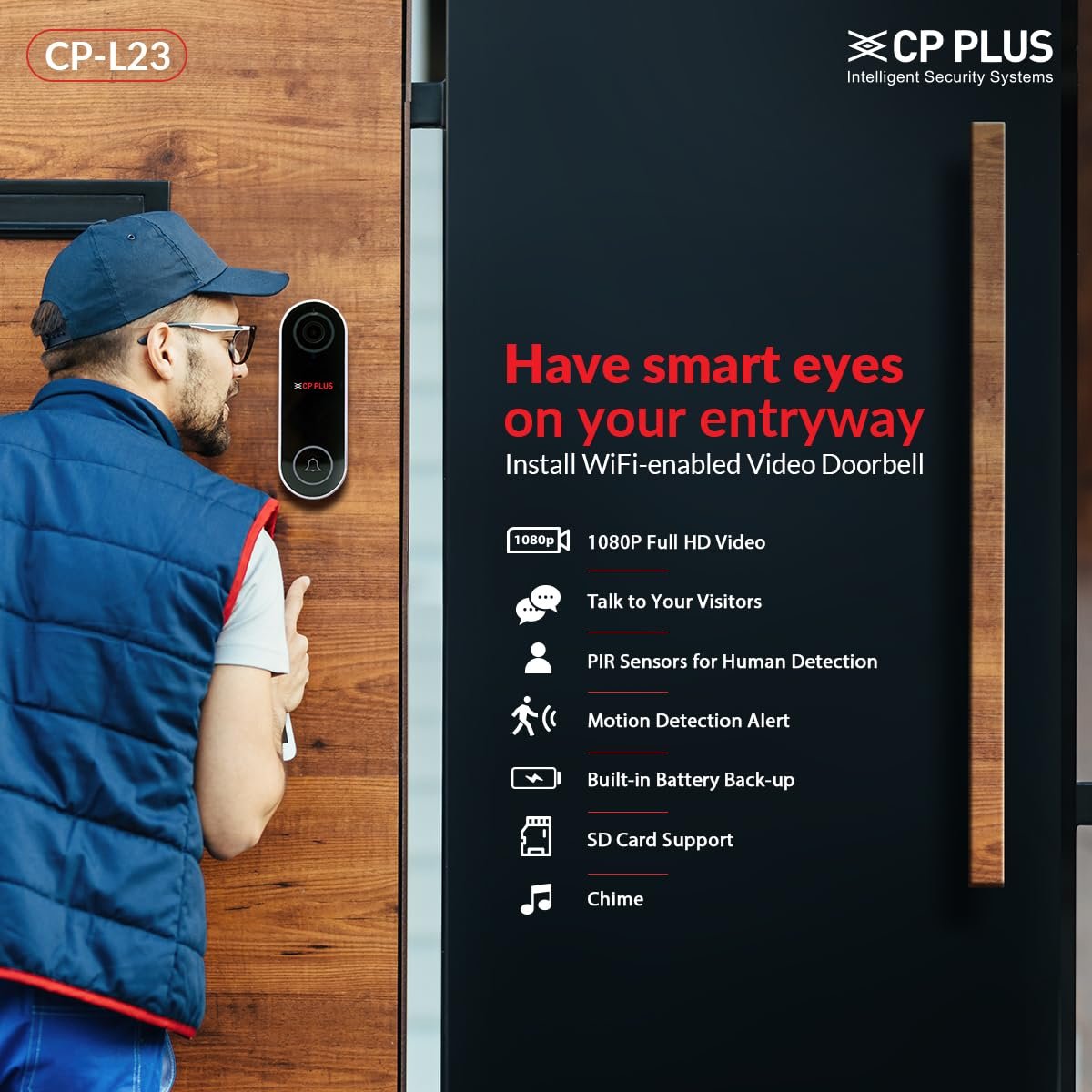 Video Door Bell Cp Plus CP-L23 | Smart WiFi Wireless Video Doorbell, 2MP Full HD Video, Super Wide View Angle