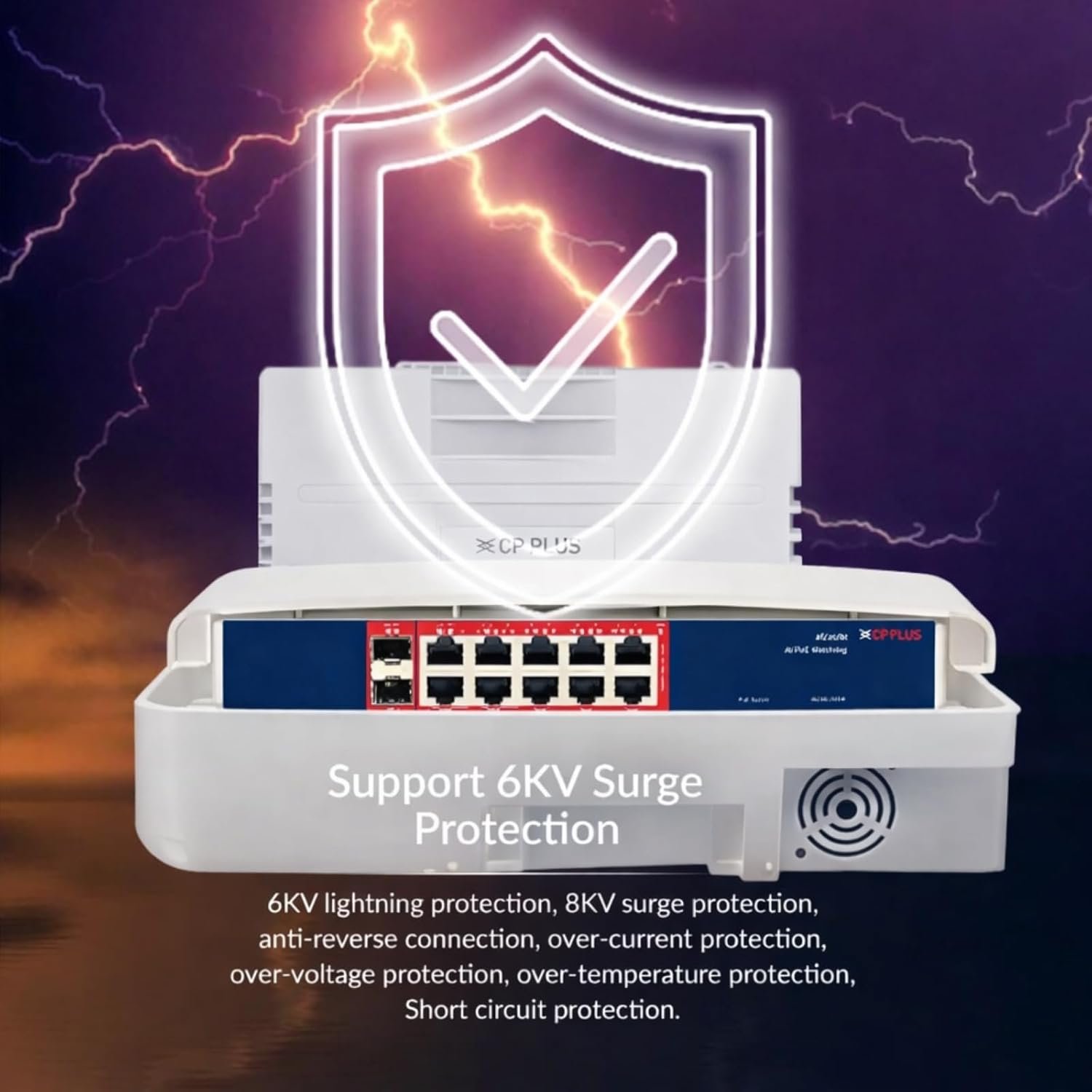 Switch CP Plus CP-ANW-GPU8G2F2D-N12 | 8 Gigabit PoE Port + 2 Gigabit Uplink Port + 2 SFP Port Outdoor AI PoE Switch, Water Resistant, AI Watchdog Function, White