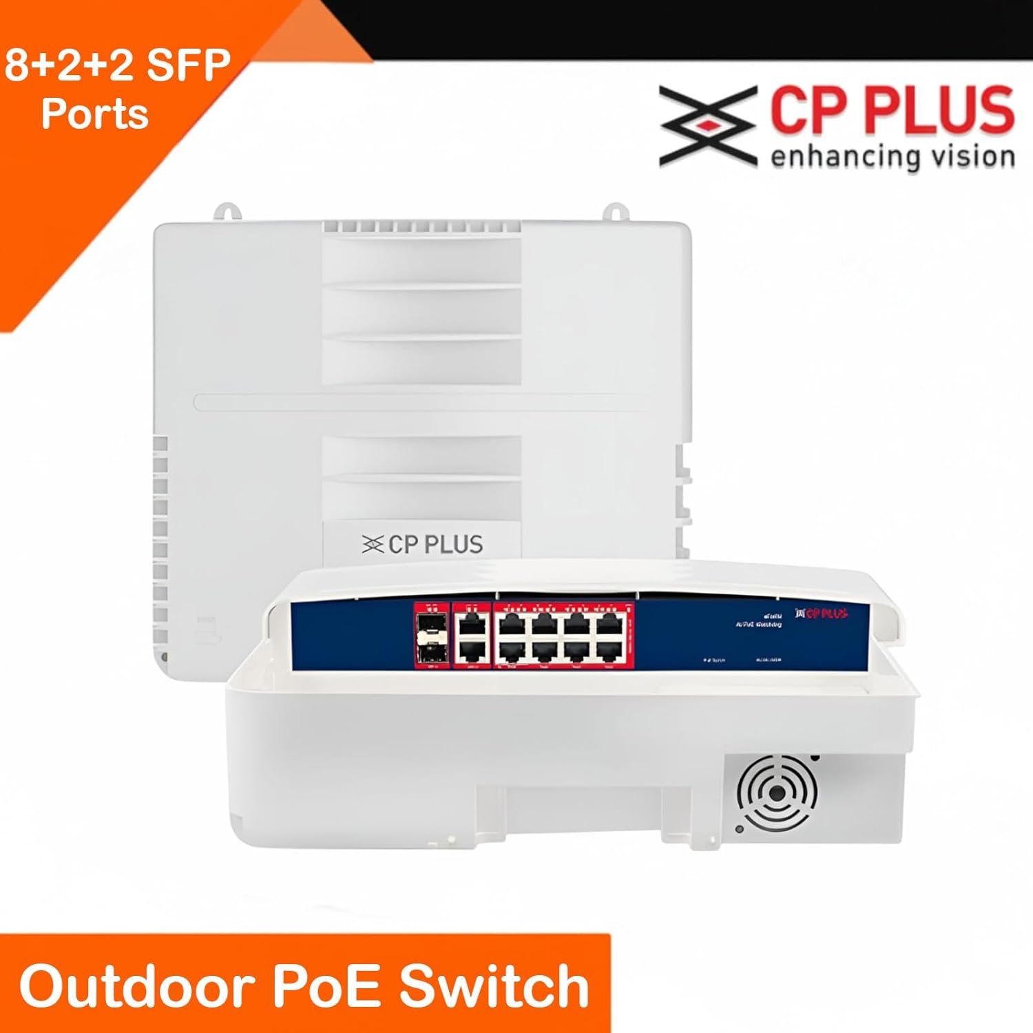 Switch CP Plus CP-ANW-GPU8G2F2D-N12 | 8 Gigabit PoE Port + 2 Gigabit Uplink Port + 2 SFP Port Outdoor AI PoE Switch, Water Resistant, AI Watchdog Function, White