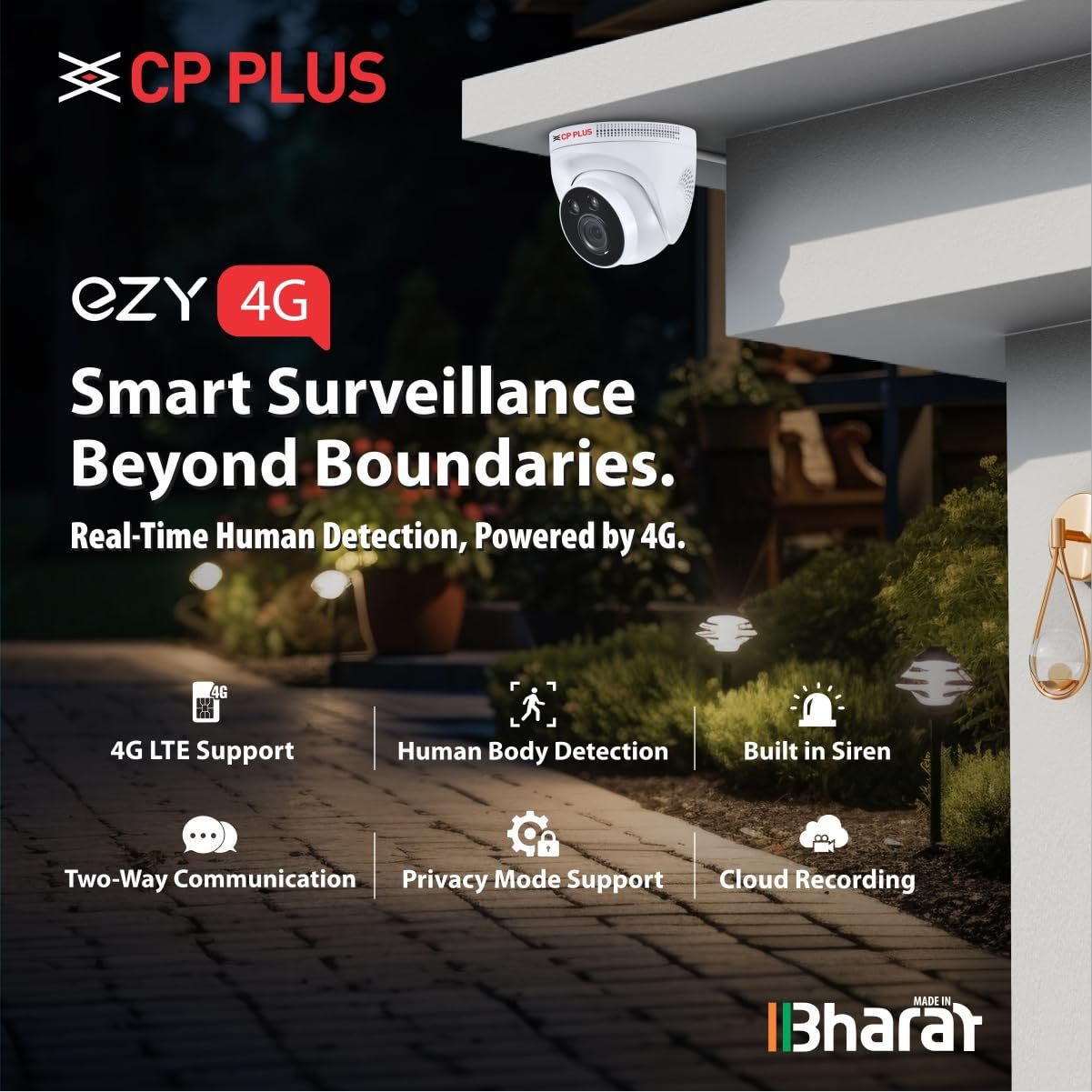 Security Camera CP Plus Ezykam EZ-M32T | 3MP 4G Camera, 4mm Lens, IR Distance Of 20-30 Mtr, Day/ Night Vision, Built-in Speaker, Two-Way Talk, Works With Google Home, Support Micro SD Card Upto 256GB, White