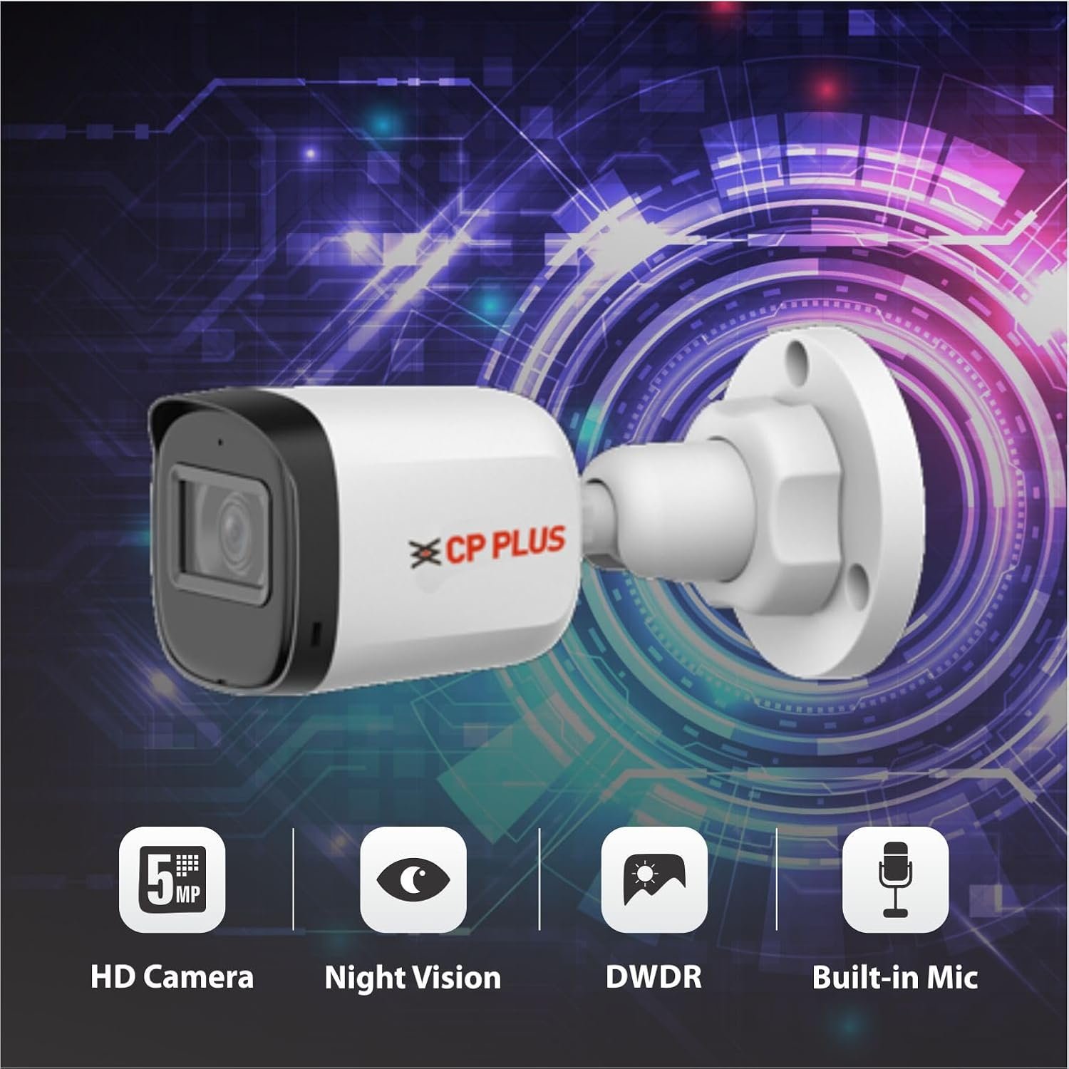 Security Camera CP Plus CP-URC-TC51PL3C | 5MP IR Bullet Camera, 3.6mm Fixed Lens, IR Range of 30 Mtrs, Day/Night Vision, Support Built-in Mic, White