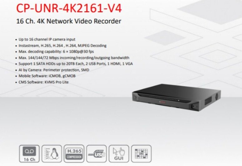 SNVR CP Plus 16 Channel CP-UNR-4K2161-V4 | 4K Network Video Recorder, Support 1 SATA HDDs, 2 USB Ports, 1 HDMI, 1 VGA, Black