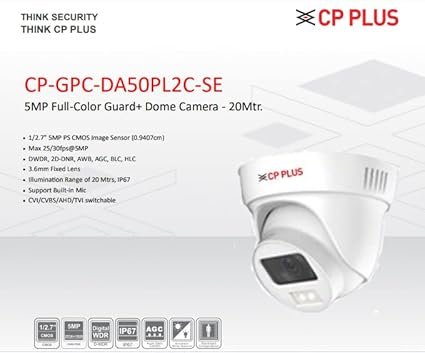 Security Camera Cp Plus 5mp Dome CP-GPC-DA50PL2-SE-0360 | Full-Color Guard+ Camera, 20Mtr, White