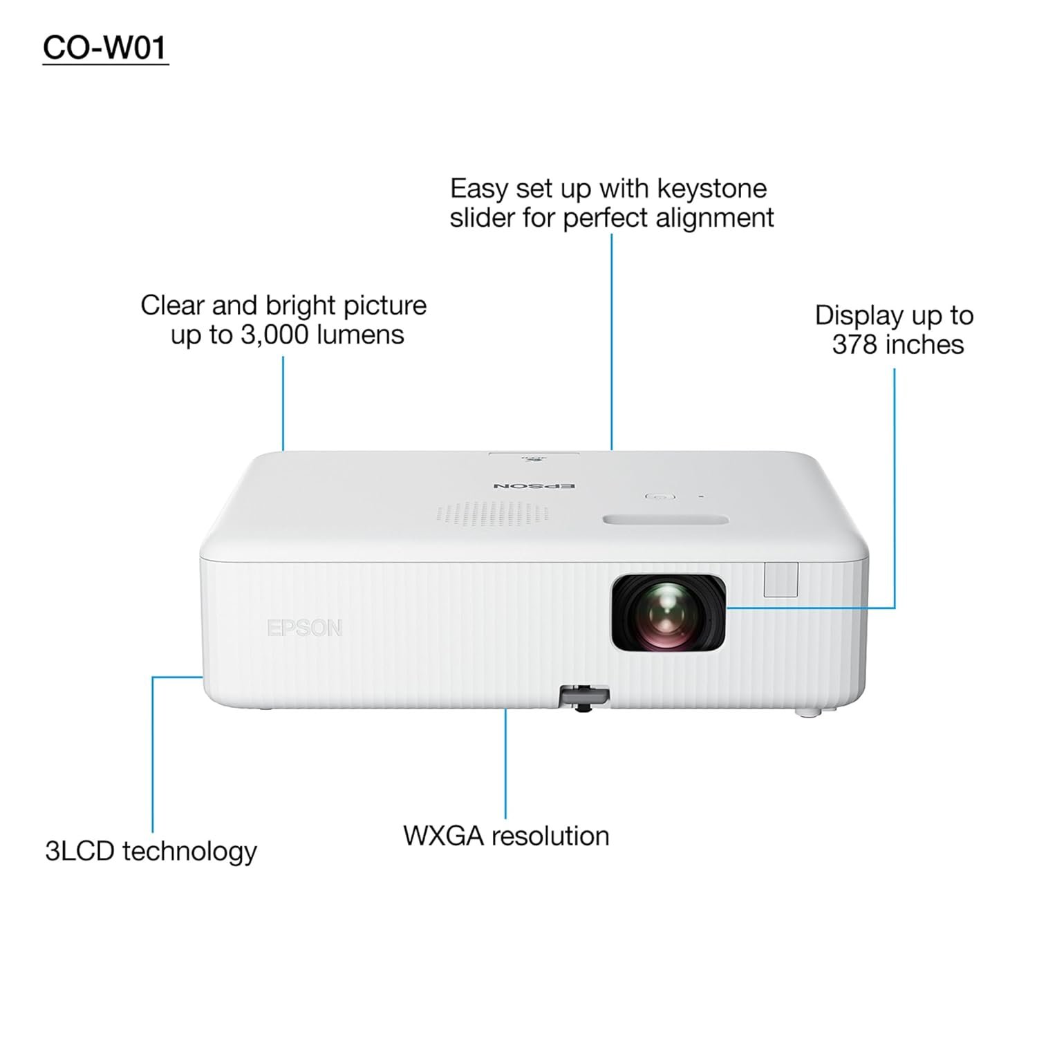 Projector Epson CO-W01 | WXGA Projector, Brightness 3000 Lumens, 3LCD Technology, USB/ HDMI Port, Long Lamp Life, White