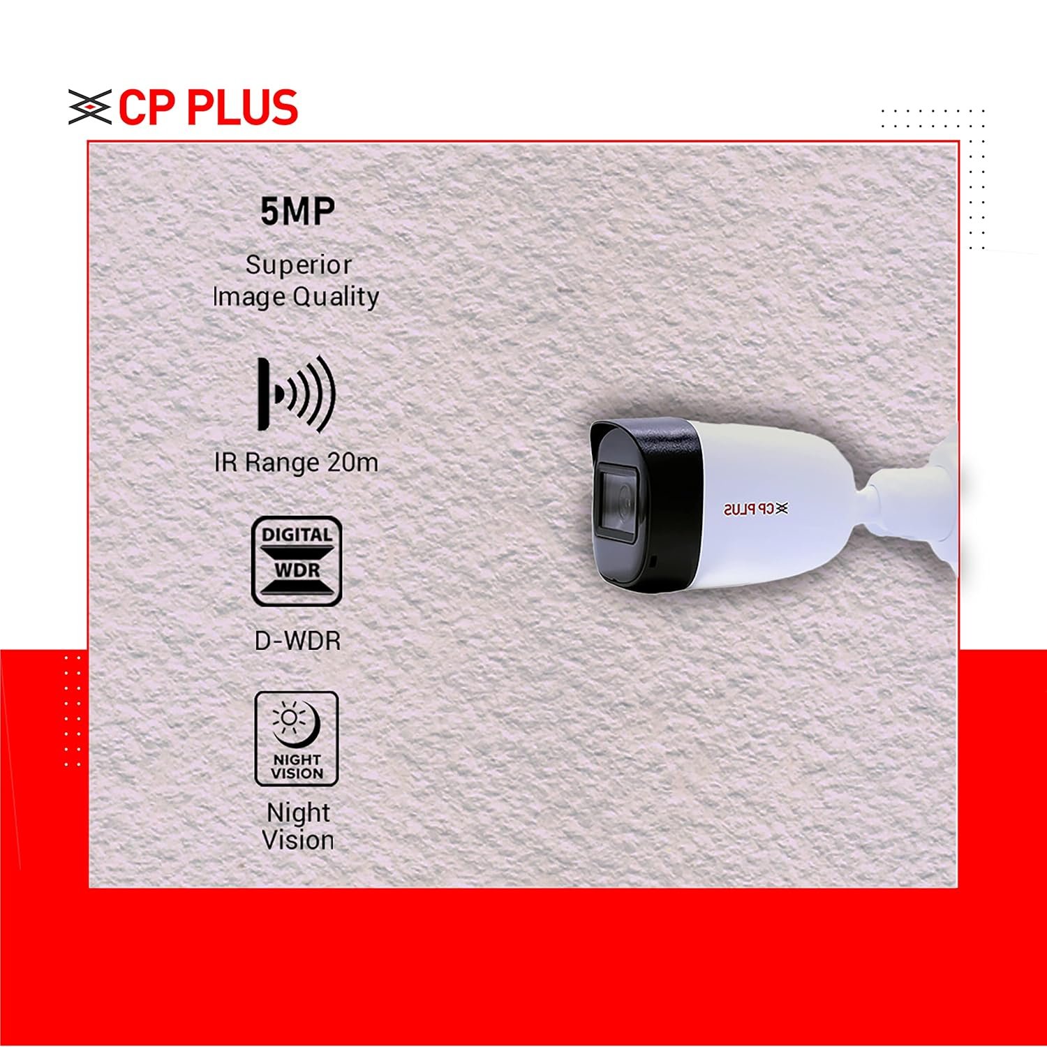 Security Camera CP Plus 5MP IR Bullet CP-USC-TC51PL2-V3-0360 | 5MP IR Outdoor Bullet Camera, 3.6MM Lens Up to 20M IR Distance, Max. 25fps @ 5MP (16:9 video output), White