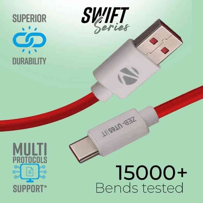 Cable Zebronics ZEB-UT65 1M | USB to Type C charging cable, 65W max, 6.5A, Multi protocol, Rapid charge support, Data transfer, 15000+ bends tested, Red