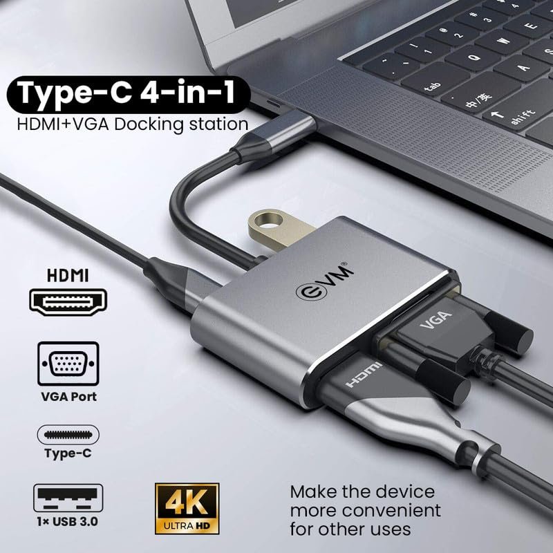 Hub EVM TYPE C 4 IN 1 HDMI VGA Docking Station EVMCHV | MultiPort With 4K HDMI, VGA, USB 3.0, PD Charging, Plug & Play Accessory for Laptop & Mobile, Silver Grey